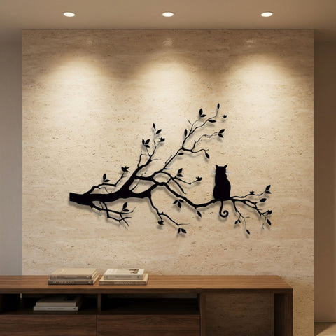 Cat on a Blossom Branch Metal Wall Art – Boho Animal Wall Decor