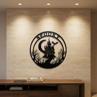 Spooky Haunted House Round Sign Metal Wall Art – Halloween Wall Decor