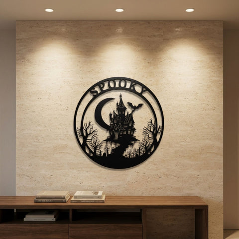 Spooky Haunted House Round Sign Metal Wall Art – Halloween Wall Decor