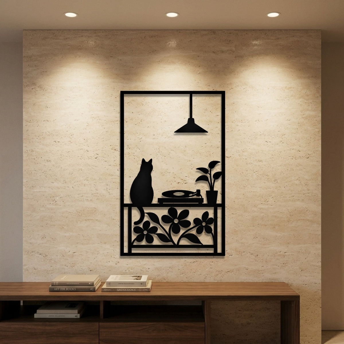 Cat with Record Player and Plants metal wall art – image 1