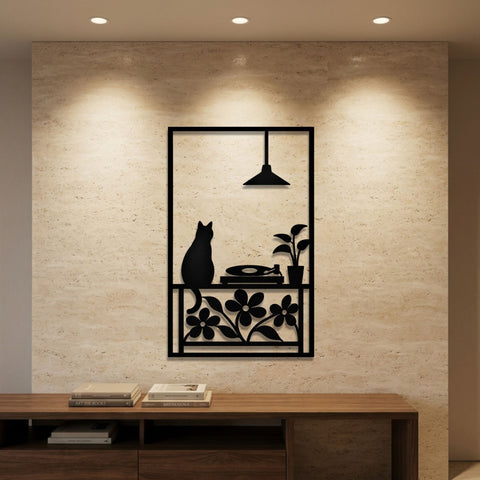 Cat with Record Player and Plants Metal Wall Art – Mid-Century Animal Wall Decor