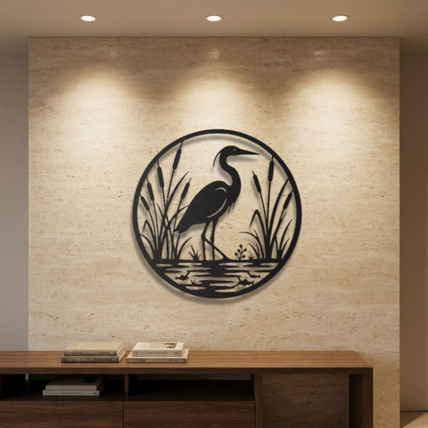Heron in the Reeds Metal Wall Art – Farmhouse Animal Wall Decor