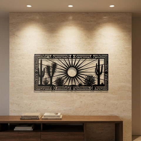 Desert Sunrise Cactus Panel Metal Wall Art – Boho Nature Wall Decor