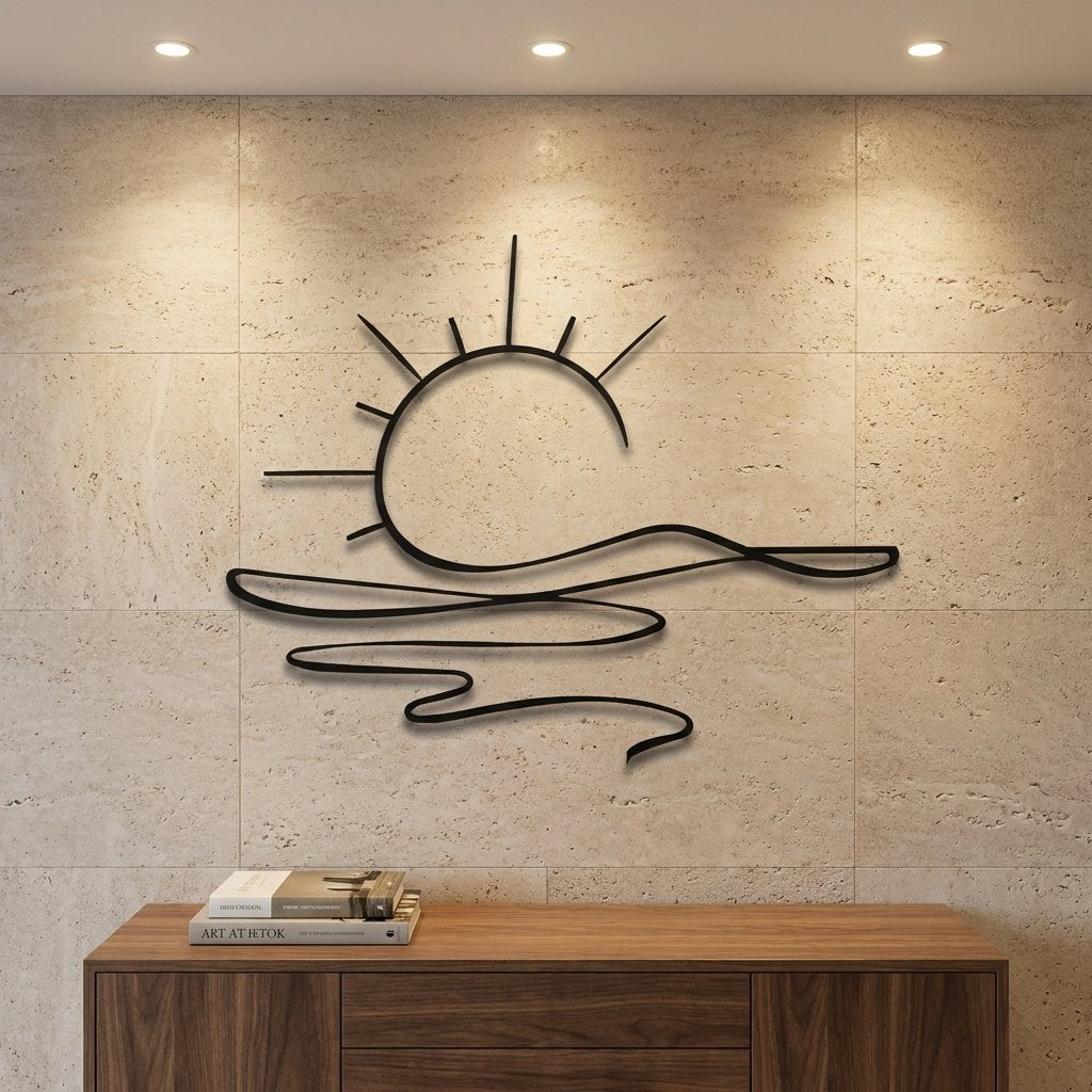 Sun Over Waves Line Art metal wall art – image 1