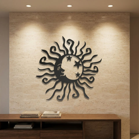 Sun and Moon Faces Metal Wall Art – Boho Celestial Wall Decor