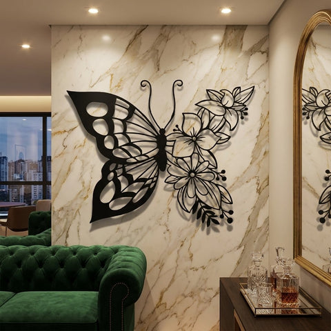 Butterfly and Flowers Metal Wall Art – Boho Animal Wall Decor