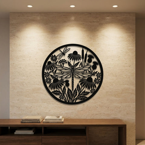 Dragonfly and Wildflowers Circle Metal Wall Art – Boho Animal Wall Decor