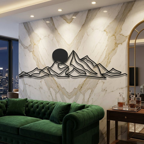 Faceted Mountain Peaks with Sun Metal Wall Art – Geometric Nature Wall Decor