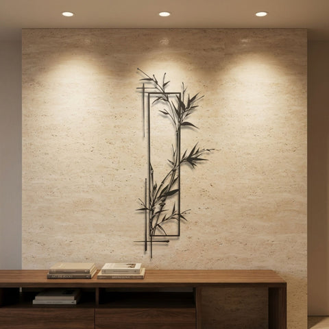 Bamboo Panel Metal Wall Art – Japandi Botanical Wall Decor