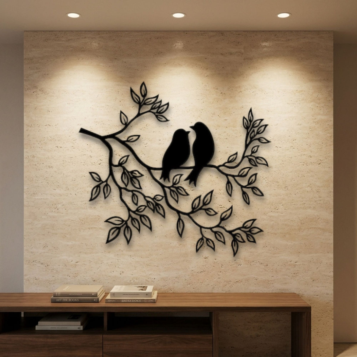 Lovebirds on a Leafy Branch metal wall art – image 1