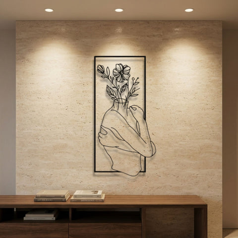 Woman with Flower Bouquet Metal Wall Art – Line Art Wall Decor