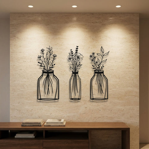 Wildflower Bottles Trio Metal Wall Art – Farmhouse Floral Wall Decor