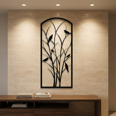 Birds on Reeds Arch Metal Wall Art – Boho Animal Wall Decor