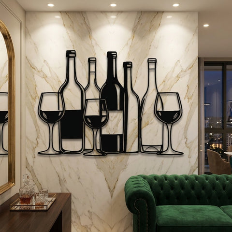 Wine Bottles and Glasses Metal Wall Art – Modern Kitchen Wall Decor