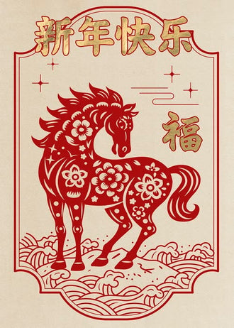 Chinese New Year Horse Print – Retro Wall Print with 新年快乐 福