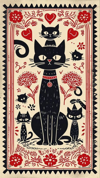 Heritage Black Cats Illustration Print, Retro Feline Wall Poster