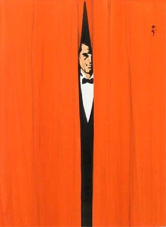 Man in Tuxedo Behind Curtain Aesthetic Wall Décor Poster