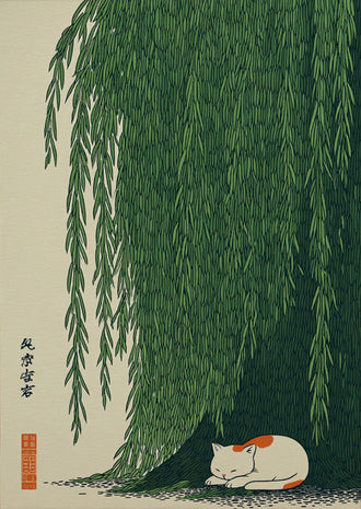 Japanese Style Cat Under Willow Tree Print, Green Nature Wall Print, Calm Zen Artwork