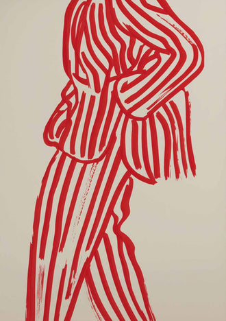 Fashion Line Art Décor Poster – Bold Red Striped Suit Expressive Wall Print, Contemporary Minimal Illustration Style Artwork for Living Room or Studio