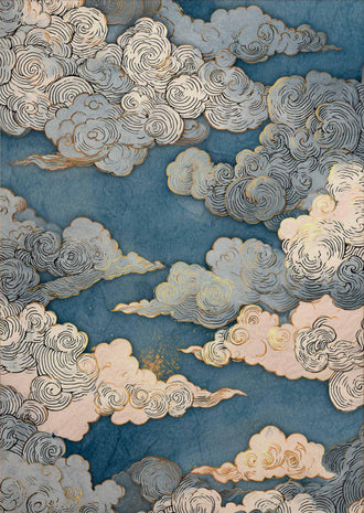 Blue and Gold Japanese Cloud Artwork, Traditional Woodblock Style Sky Print, Zen Minimal Wall Décor Poster for Elegant Decor