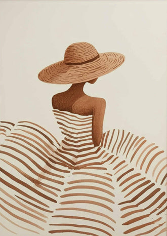 Neutral Boho Woman in Sun Hat Wall Print – Minimal Fashion Silhouette, Beige and Brown Line Fine Print