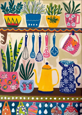 Colorful Kitchen Home Art, Kitchen Decor, Floral Print, Boho Scandinavian Decor, Kitchen Poster, Shelf Poster With Utensils and Flowers