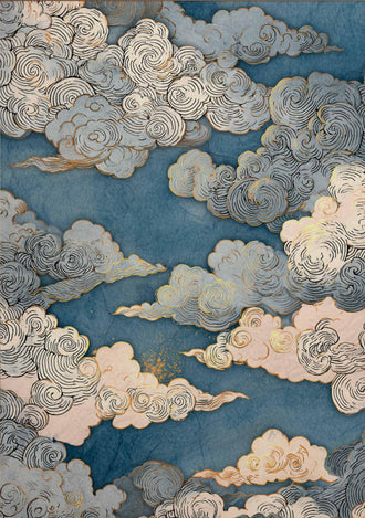 Japanese Cloud Art Décor Poster, Blue and Gold Sky Print, Traditional Woodblock Style, Elegant Japanese Decor, Zen Minimal Home Art
