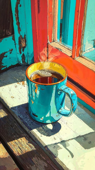 Colorful Coffee Mug Aesthetic Décor Poster, Cozy Morning Wall Print