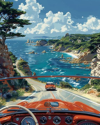Coastal Road Trip Heritage Car Wall Décor Print – Aesthetic Seaside Print for Home Decor