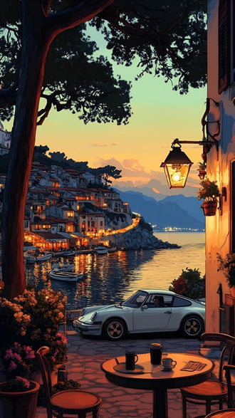 Porsche Coastal Evening Aesthetic Wall Décor Wall Poster Print