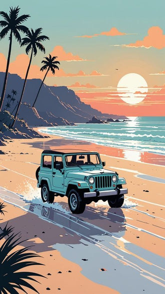 Jeep on Tropical Beach Aesthetic Print, Coastal Adventure Home Wall Décor