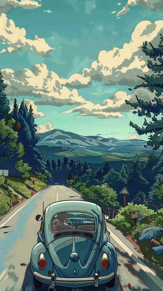 Nostalgic Volkswagen Beetle Wall Print – Scenic Retro Car Aesthetic Print