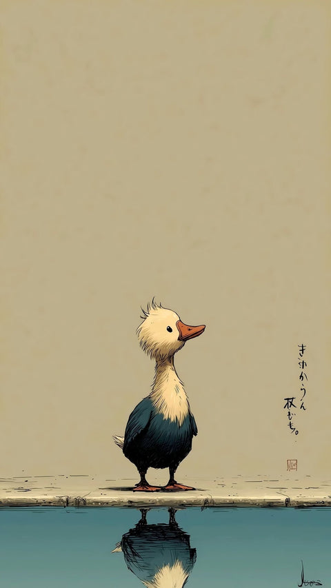Duck Reflection Aesthetic Wall Décor Poster – Minimal Japanese Text Print