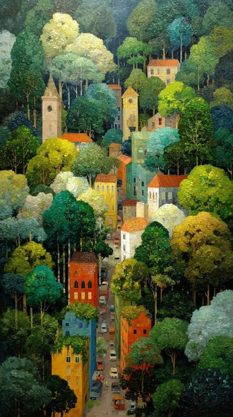 Colorful Village in Forest Aesthetic Wall Poster Print