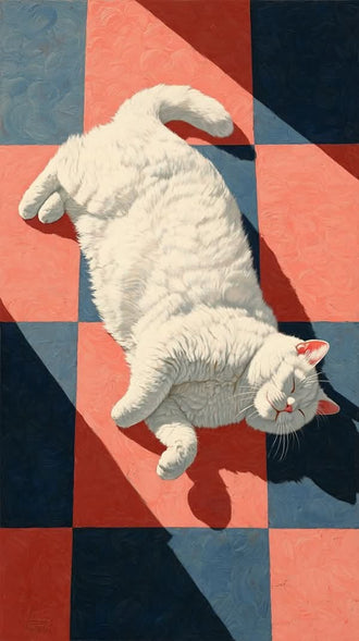 White Cat on Checkered Floor Aesthetic Wall Poster, Simple Cat Wall Poster