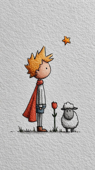 Little Prince Inspired Wall Print Boy with Sheep and Star Aesthetic Print