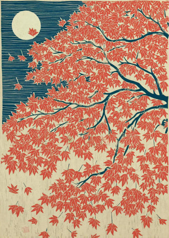 Japanese Maple Autumn Landscape Wall Décor Poster Red and Blue Moonlit Nature Illustration Print, Elegant Heritage Japanese Art Decor