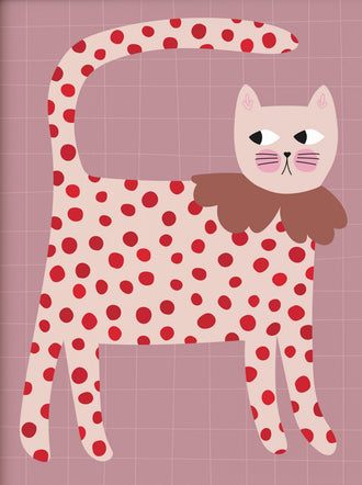 Colorful Cat Print with Red Polka Dots – Nursery Wall Print for Kids Room or Playroom Decor