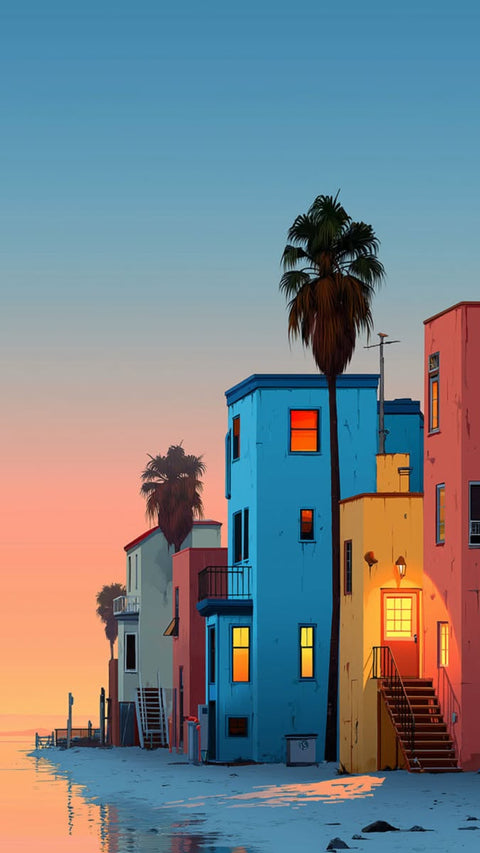 Colorful Beach Houses Home Art Wall Poster – Coastal Aesthetic Beach Print