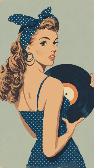 Retro Pinup Woman with Vinyl Record Décor Poster, Retro Music Home Wall Poster