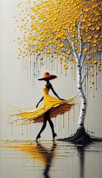 Adriano Yadi Aesthetic Woman in Yellow Dress and Tree Wall Décor Poster Print