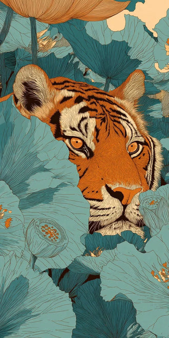 Tiger in Floral Jungle Aesthetic Décor Poster, Exotic Animal Wall Print