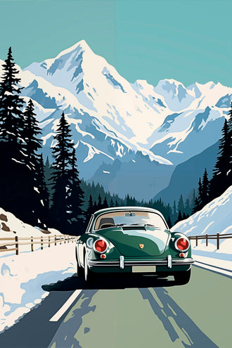 Retro Porsche Mountain Landscape Wall Poster | Aesthetic Car Wall Poster