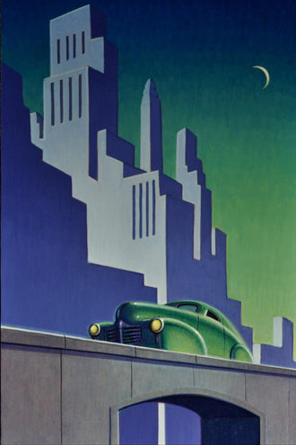 Retro Green Car Cityscape Print – Retro Urban Wall Décor