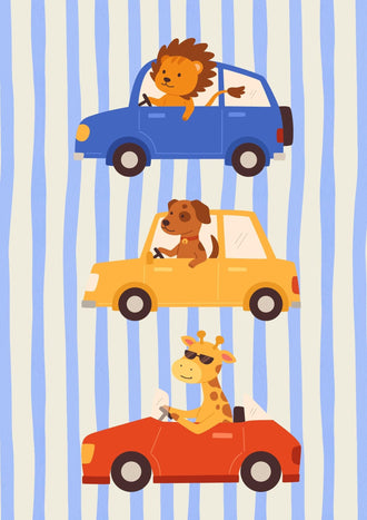 Animals Driving Cars Illustration Décor Poster, Aesthetic Animal Car Wall Poster