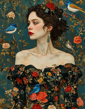 Aesthetic Woman in Floral Dress with Birds Wall Print Wall Poster