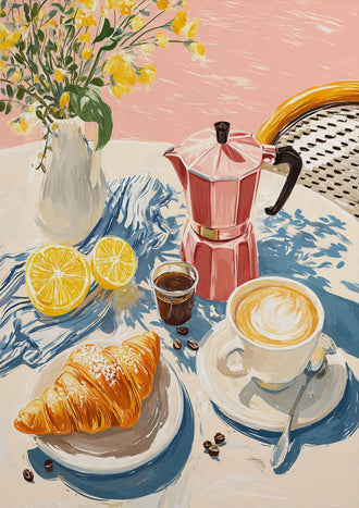French Café Breakfast Décor Print – Retro Coffee and Croissant Wall Print, Sunny Morning Kitchen & Dining Room Decor