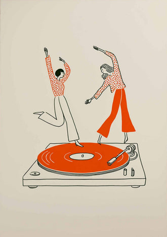 Retro Dancing Couple Illustration, Contemporary Music Inspired Fine Print, Retro Record Player Wall Print for Home Bar or Living Room