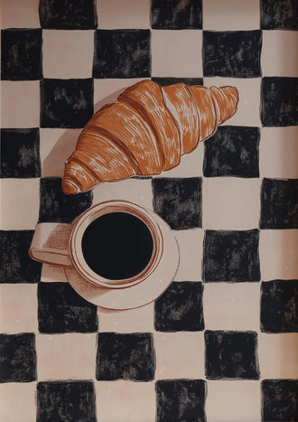 Retro Checkered Coffee and Croissant Wall Décor Poster | Funky Food & Drink Art | Retro Cafe Kitchen Print