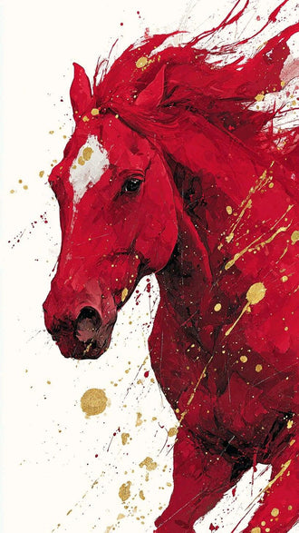 Red Horse Non-Figurative Wall Décor Print – Sleek Horse Painting Print for Home Decor